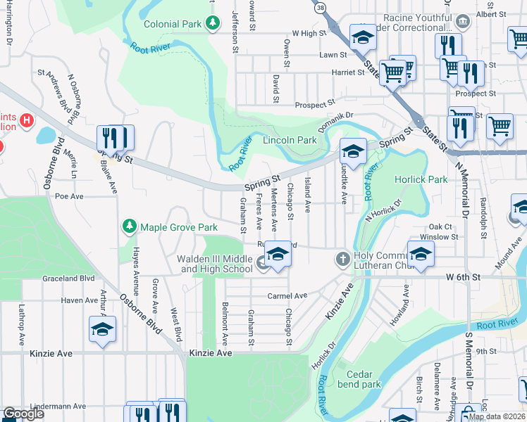 map of restaurants, bars, coffee shops, grocery stores, and more near 309 Freres Avenue in Racine