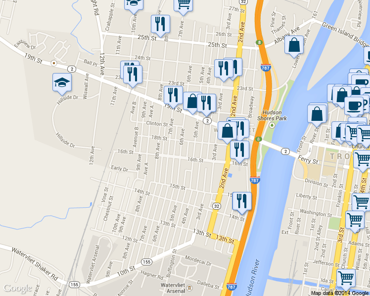 map of restaurants, bars, coffee shops, grocery stores, and more near 1618 6th Ave in Watervliet