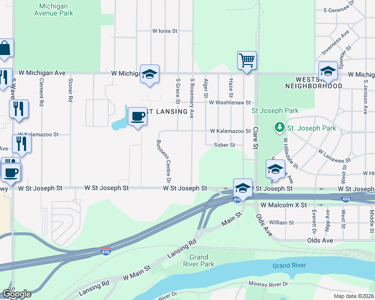 map of restaurants, bars, coffee shops, grocery stores, and more near 442 S Rosemary Ave in Lansing