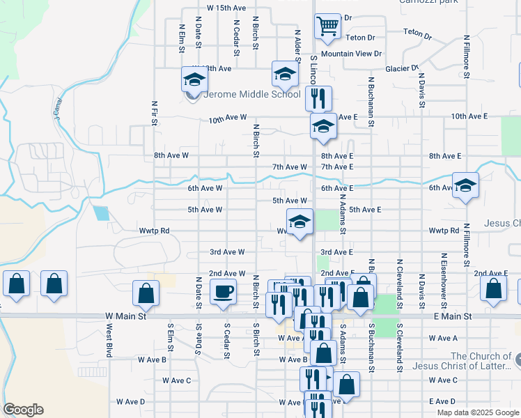 map of restaurants, bars, coffee shops, grocery stores, and more near 231 5th Avenue East in Jerome