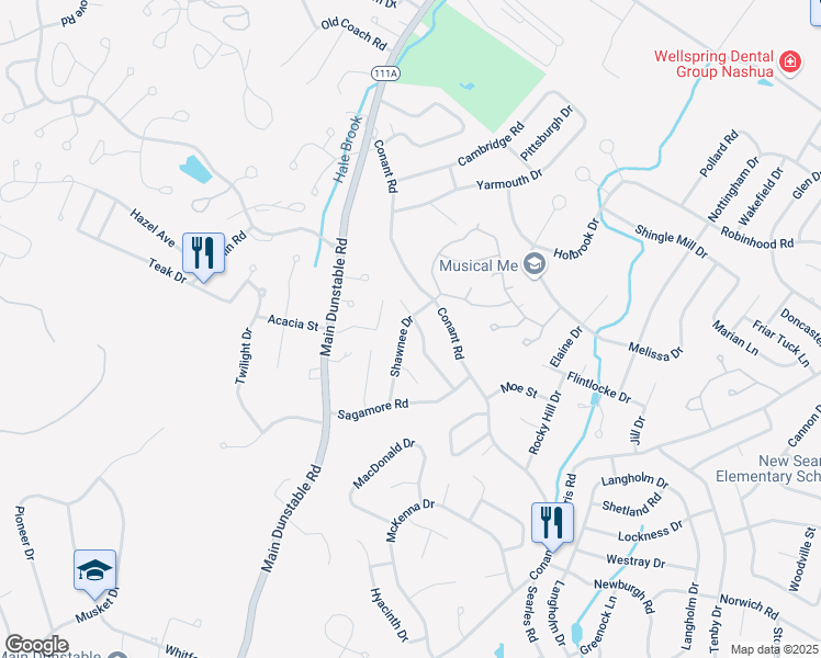 map of restaurants, bars, coffee shops, grocery stores, and more near 13 Cherokee Avenue in Nashua