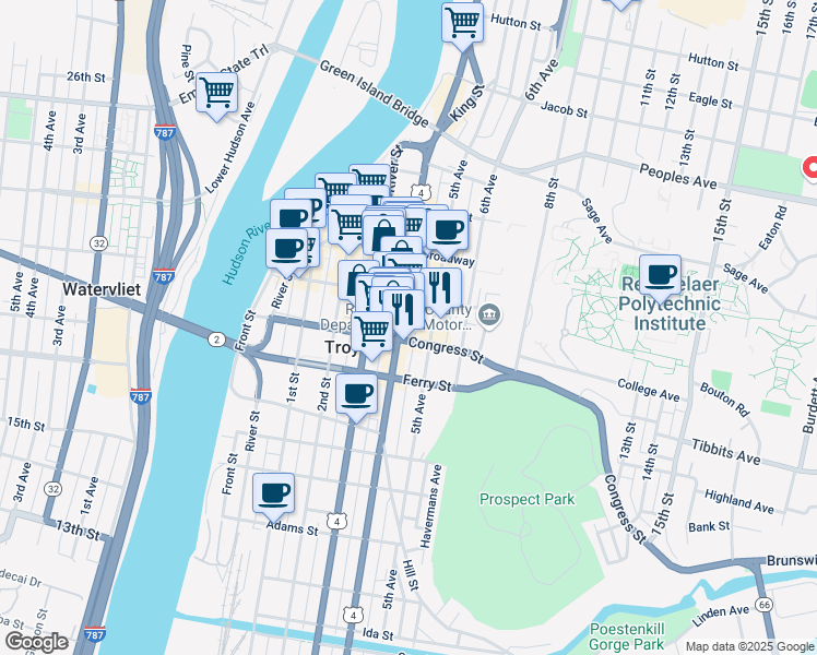 map of restaurants, bars, coffee shops, grocery stores, and more near 120 4th Street in Troy