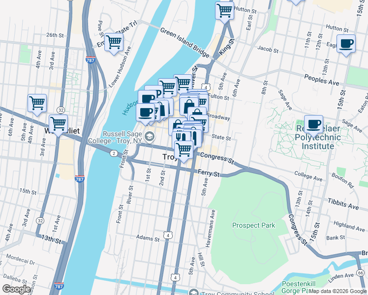 map of restaurants, bars, coffee shops, grocery stores, and more near 90 3rd Street in Troy