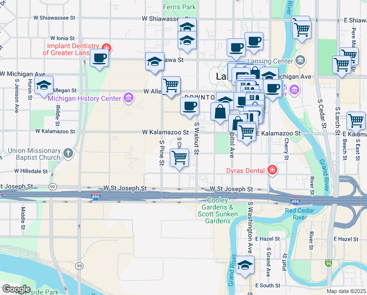 map of restaurants, bars, coffee shops, grocery stores, and more near 422 West Lenawee Street in Lansing