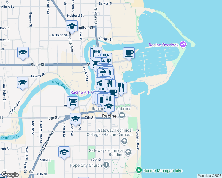 map of restaurants, bars, coffee shops, grocery stores, and more near 409 Main Street in Racine