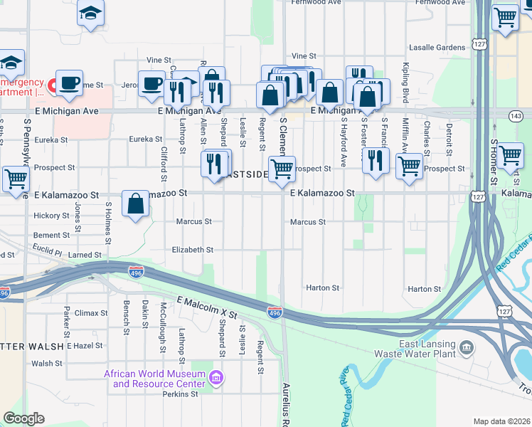 map of restaurants, bars, coffee shops, grocery stores, and more near 427 Regent Street in Lansing