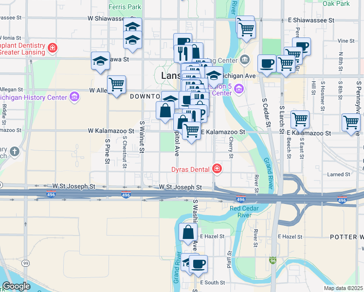 map of restaurants, bars, coffee shops, grocery stores, and more near 427 South Capitol Avenue in Lansing