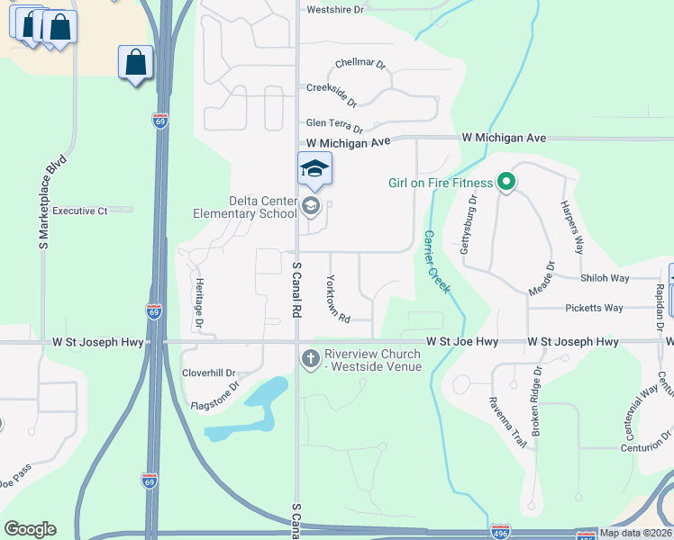 map of restaurants, bars, coffee shops, grocery stores, and more near 7534 Yorktown Road in Lansing