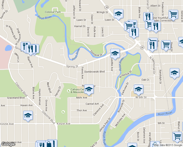 map of restaurants, bars, coffee shops, grocery stores, and more near 304 Chicago Street in Racine