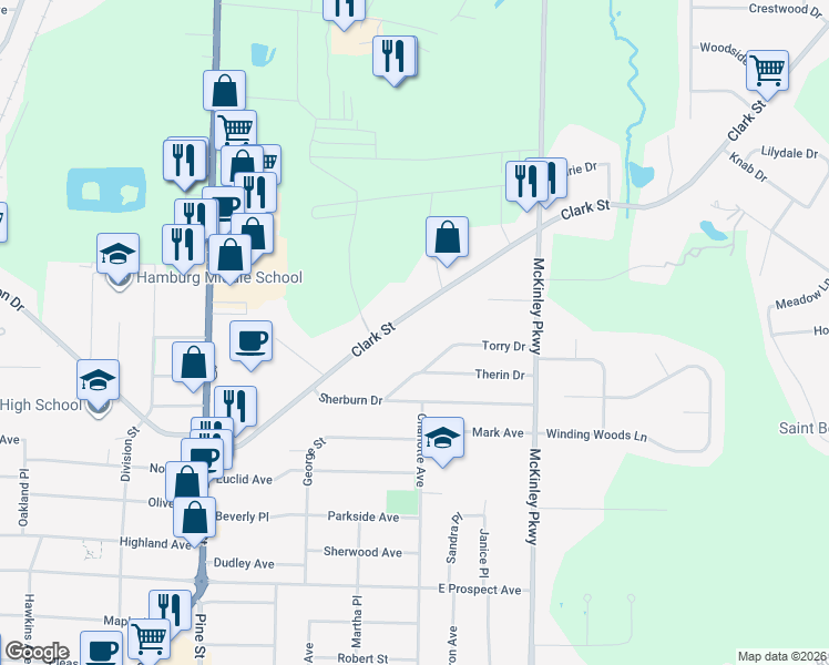 map of restaurants, bars, coffee shops, grocery stores, and more near 4409 Clark Street in Hamburg
