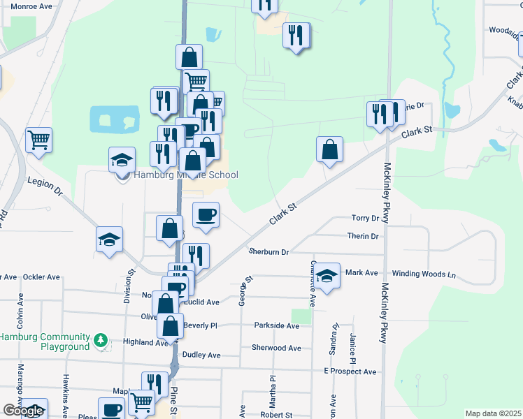 map of restaurants, bars, coffee shops, grocery stores, and more near 4358 Clark Street in Hamburg