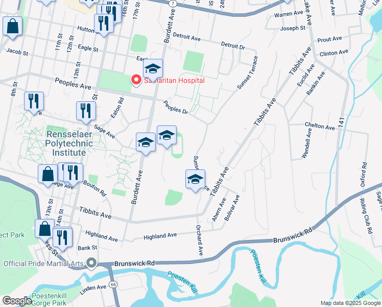 map of restaurants, bars, coffee shops, grocery stores, and more near 133 Sunset Terrace in Troy