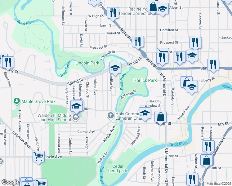 map of restaurants, bars, coffee shops, grocery stores, and more near 1900 Ehlert Street in Racine