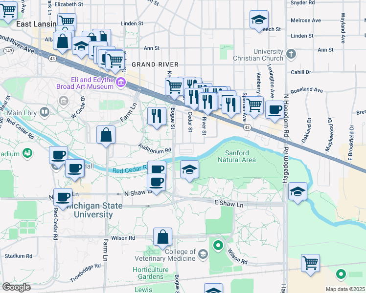 map of restaurants, bars, coffee shops, grocery stores, and more near 335 Village Drive in East Lansing