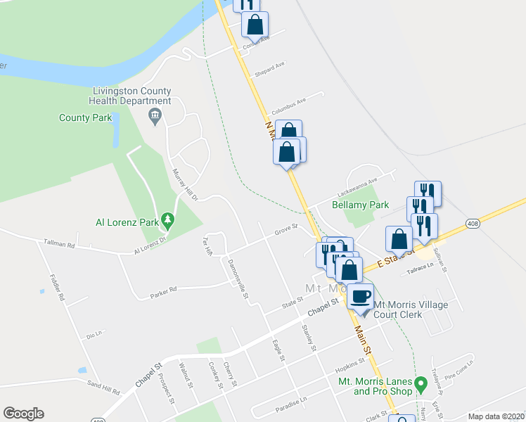 map of restaurants, bars, coffee shops, grocery stores, and more near 10 Oak Grove Street in Mount Morris