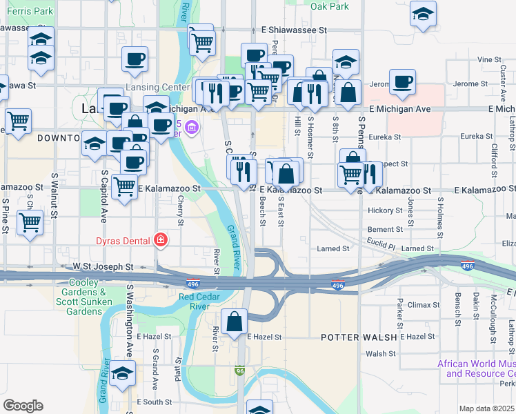 map of restaurants, bars, coffee shops, grocery stores, and more near 422 Beech Street in Lansing