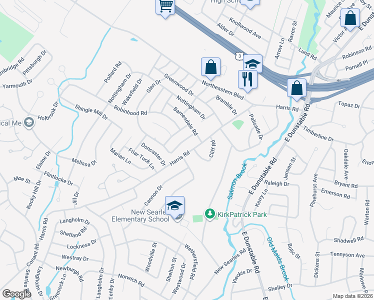 map of restaurants, bars, coffee shops, grocery stores, and more near 125 Harris Road in Nashua