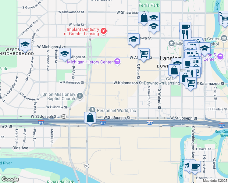 map of restaurants, bars, coffee shops, grocery stores, and more near 812 West Lenawee Street in Lansing