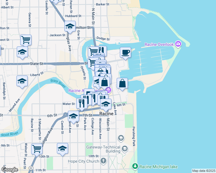 map of restaurants, bars, coffee shops, grocery stores, and more near 409 Main Street in Racine