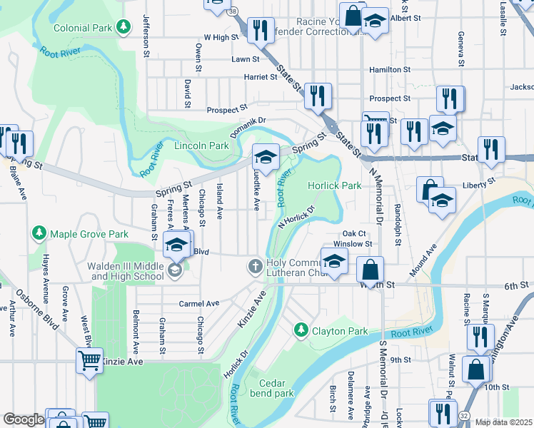 map of restaurants, bars, coffee shops, grocery stores, and more near 1900 Ehlert Street in Racine