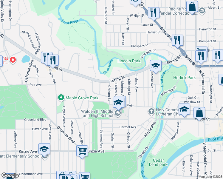 map of restaurants, bars, coffee shops, grocery stores, and more near 314 Graham Street in Racine