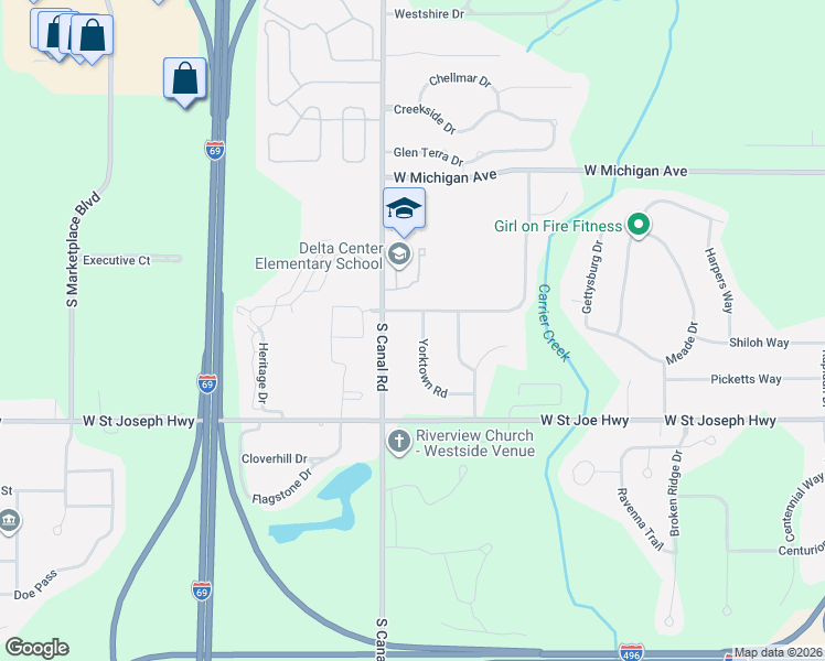 map of restaurants, bars, coffee shops, grocery stores, and more near 505 South Canal Road in Lansing
