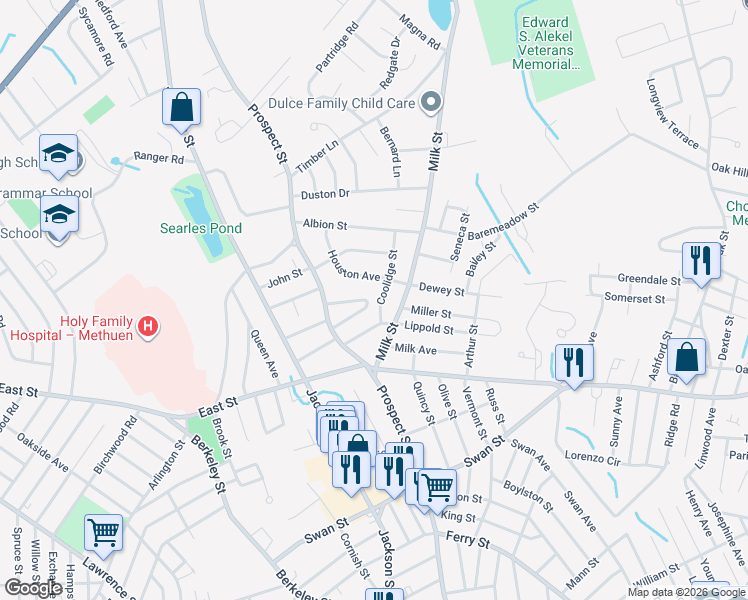 map of restaurants, bars, coffee shops, grocery stores, and more near 15 Coolidge Street in Methuen