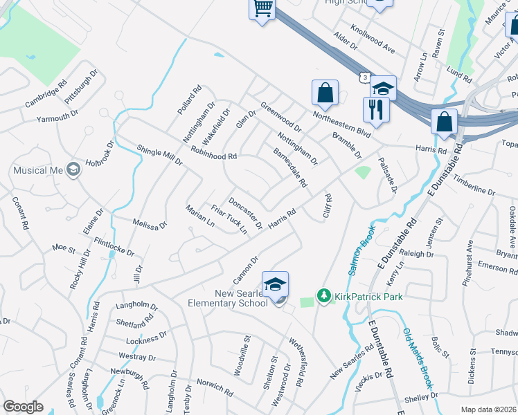 map of restaurants, bars, coffee shops, grocery stores, and more near 22 Nightingale Road in Nashua