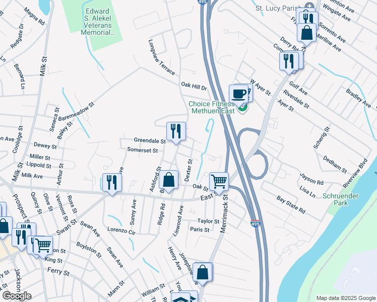 map of restaurants, bars, coffee shops, grocery stores, and more near 11 Delmont Street in Methuen