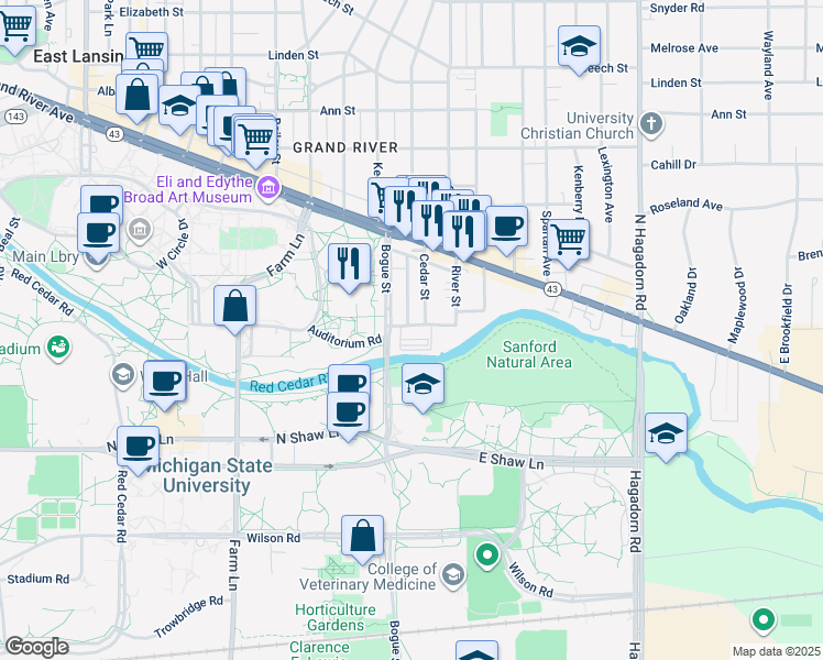 map of restaurants, bars, coffee shops, grocery stores, and more near 1000 Village Drive in East Lansing