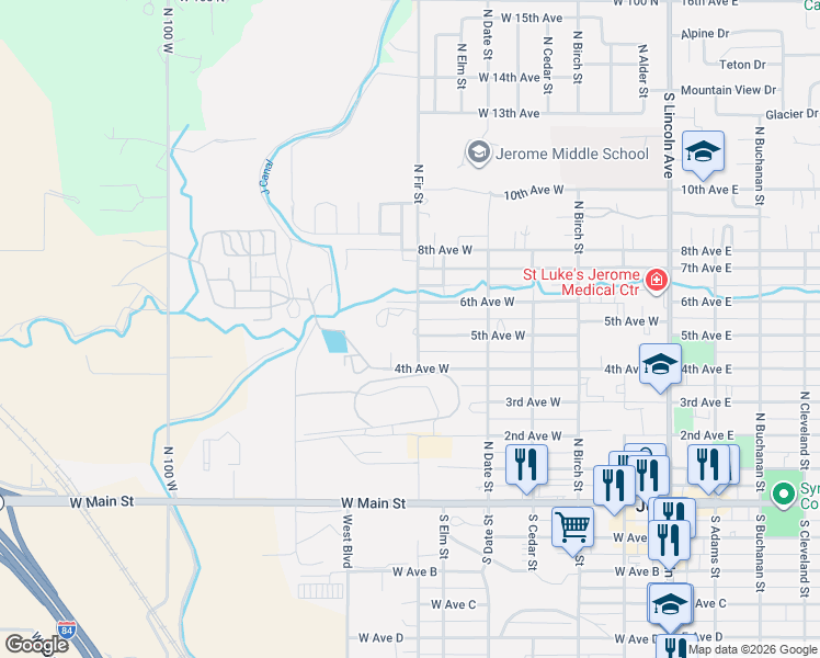map of restaurants, bars, coffee shops, grocery stores, and more near 500-618 5th Avenue West in Jerome
