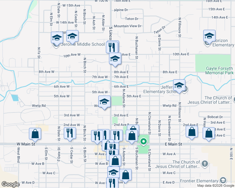 map of restaurants, bars, coffee shops, grocery stores, and more near 114 5th Avenue East in Jerome