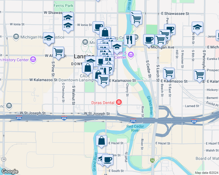 map of restaurants, bars, coffee shops, grocery stores, and more near 419 South Washington Square in Lansing