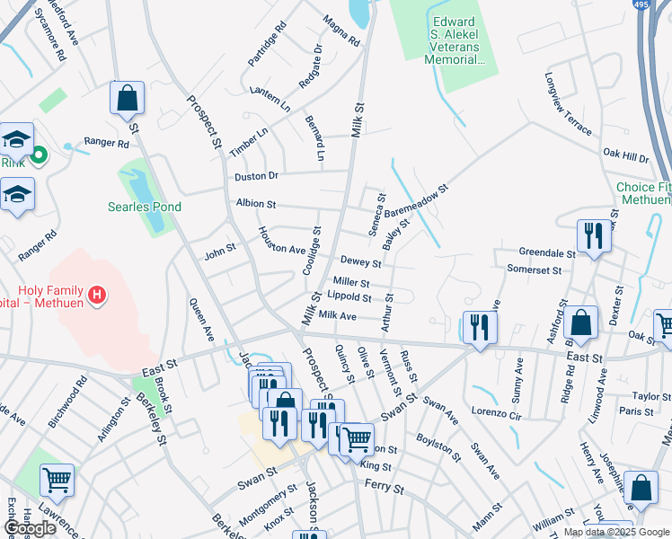 map of restaurants, bars, coffee shops, grocery stores, and more near 21 Milk Street in Methuen