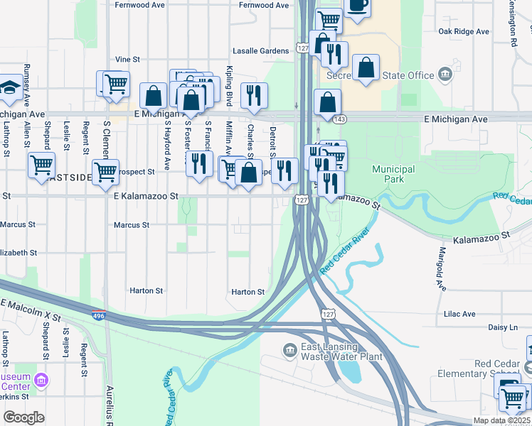 map of restaurants, bars, coffee shops, grocery stores, and more near 424 Detroit Street in Lansing
