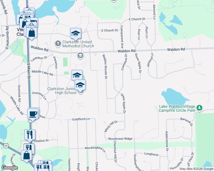 map of restaurants, bars, coffee shops, grocery stores, and more near 6365 Waldon Woods Drive in Clarkston