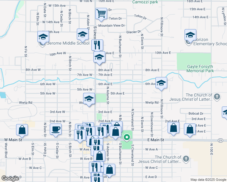 map of restaurants, bars, coffee shops, grocery stores, and more near 212 5th Avenue East in Jerome