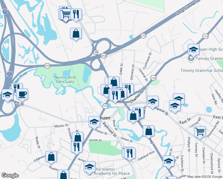 map of restaurants, bars, coffee shops, grocery stores, and more near 57 Hampshire Street in Methuen