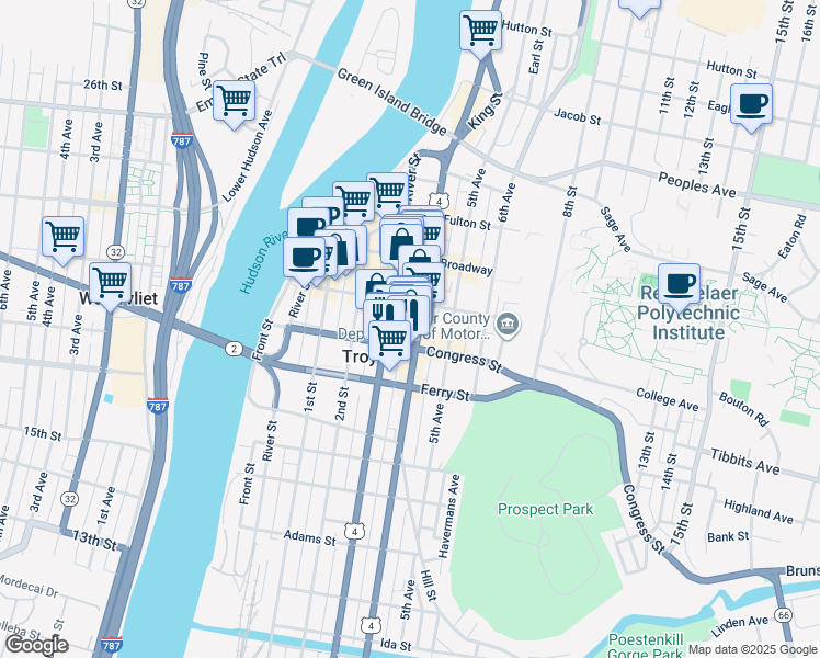 map of restaurants, bars, coffee shops, grocery stores, and more near 90 3rd Street in Troy