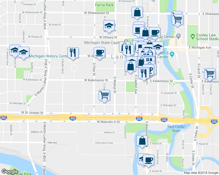 map of restaurants, bars, coffee shops, grocery stores, and more near 422 West Lenawee Street in Lansing