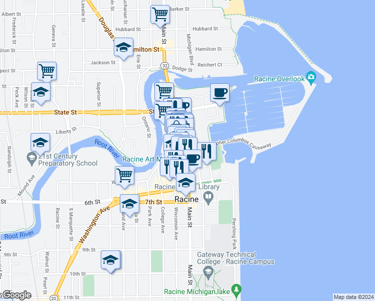 map of restaurants, bars, coffee shops, grocery stores, and more near 409 Main Street in Racine
