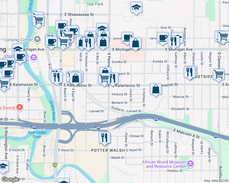 map of restaurants, bars, coffee shops, grocery stores, and more near 1015 Hickory Street in Lansing