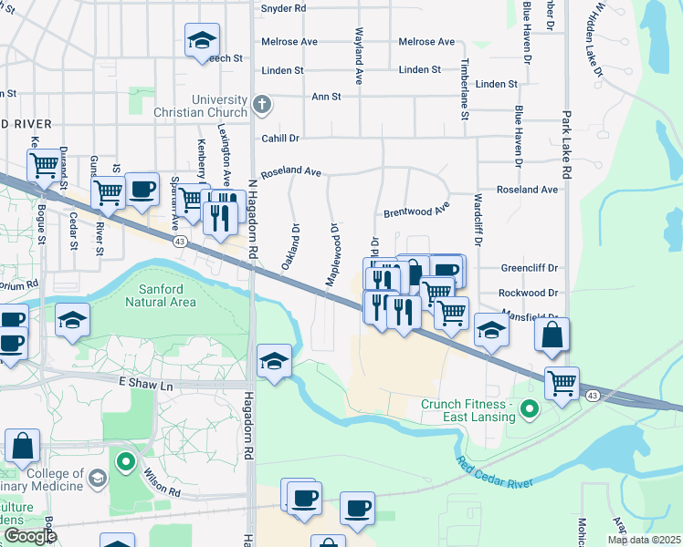 map of restaurants, bars, coffee shops, grocery stores, and more near 136 Maplewood Drive in East Lansing