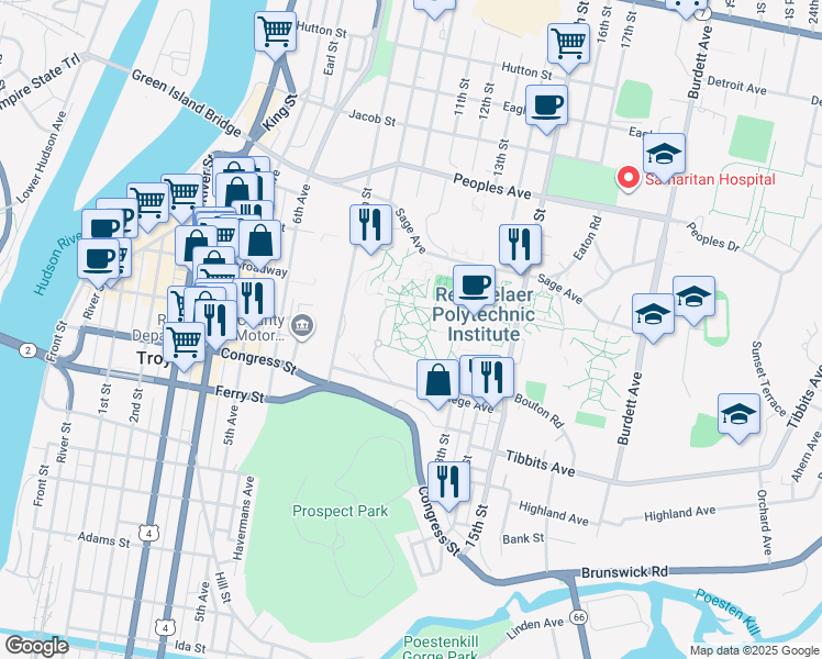 map of restaurants, bars, coffee shops, grocery stores, and more near 110 8th Street in Troy