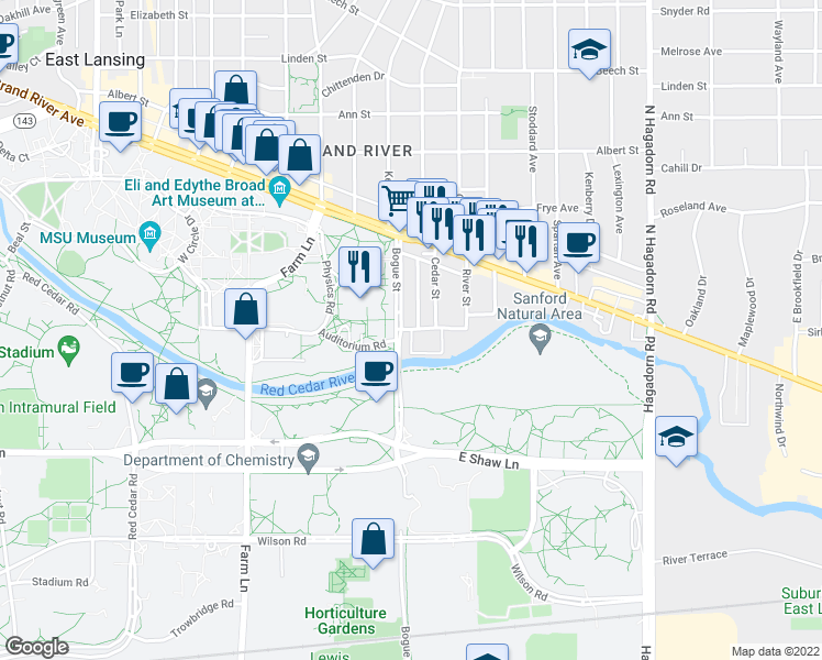map of restaurants, bars, coffee shops, grocery stores, and more near 301 Village Drive in East Lansing