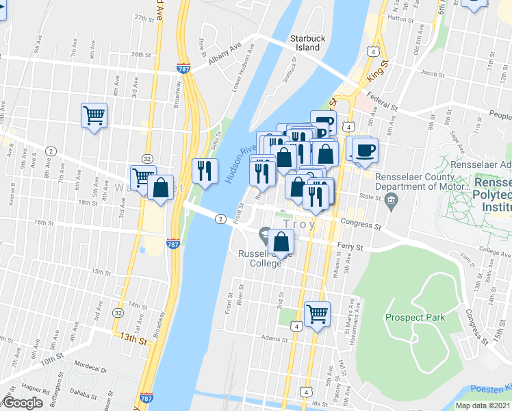 map of restaurants, bars, coffee shops, grocery stores, and more near 7 Congress Street in Troy