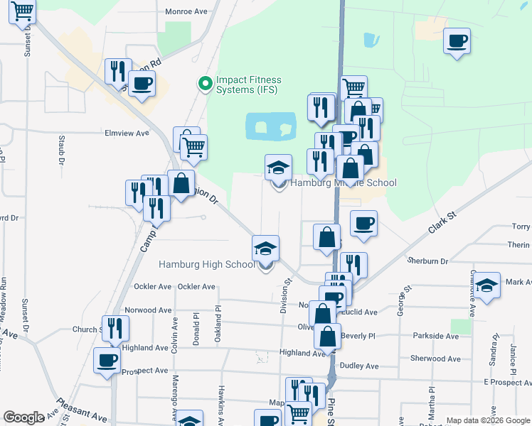 map of restaurants, bars, coffee shops, grocery stores, and more near 360 Division Street in Hamburg