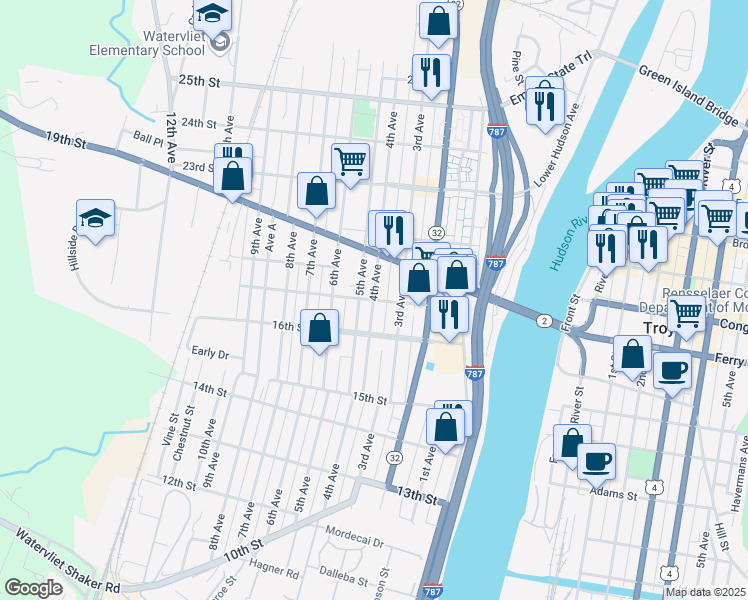 map of restaurants, bars, coffee shops, grocery stores, and more near 4th Avenue & 18th Street in Watervliet