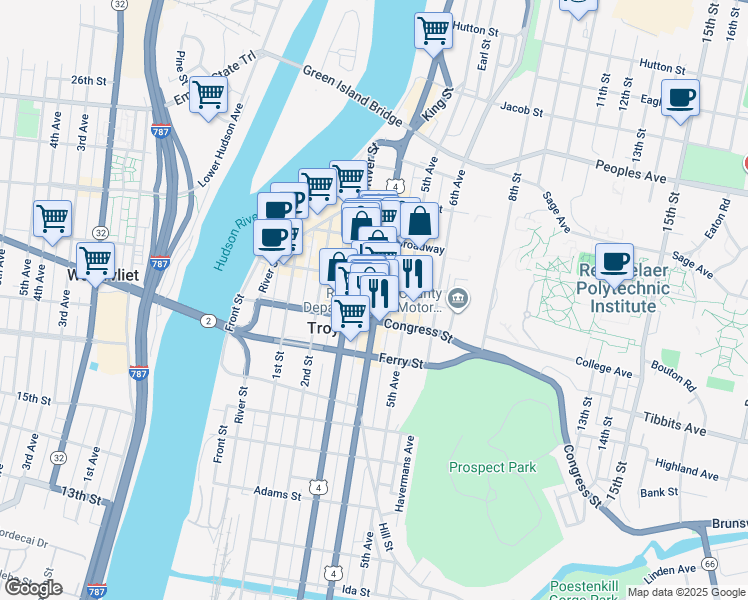map of restaurants, bars, coffee shops, grocery stores, and more near 109 4th Street in Troy