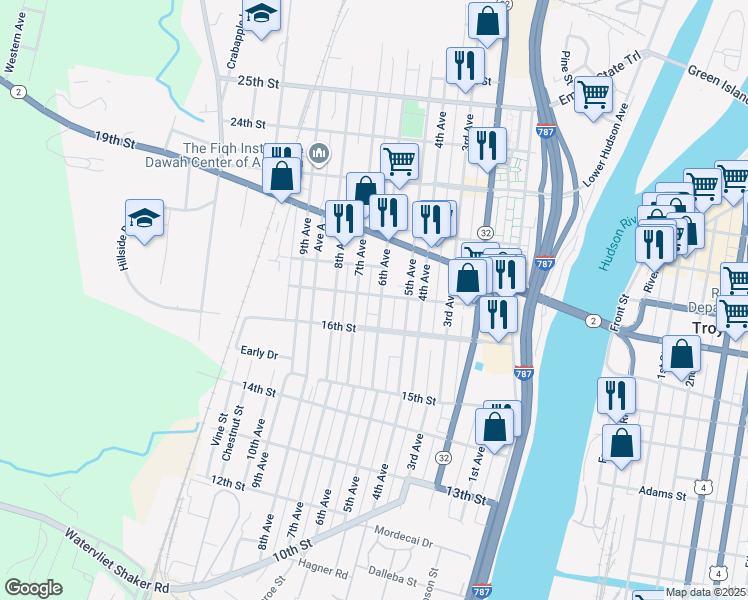 map of restaurants, bars, coffee shops, grocery stores, and more near 1618 6th Avenue in Watervliet